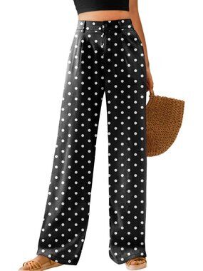Women's Polka Dot-black High Waisted Button Down Straight Long Wide Leg Pants